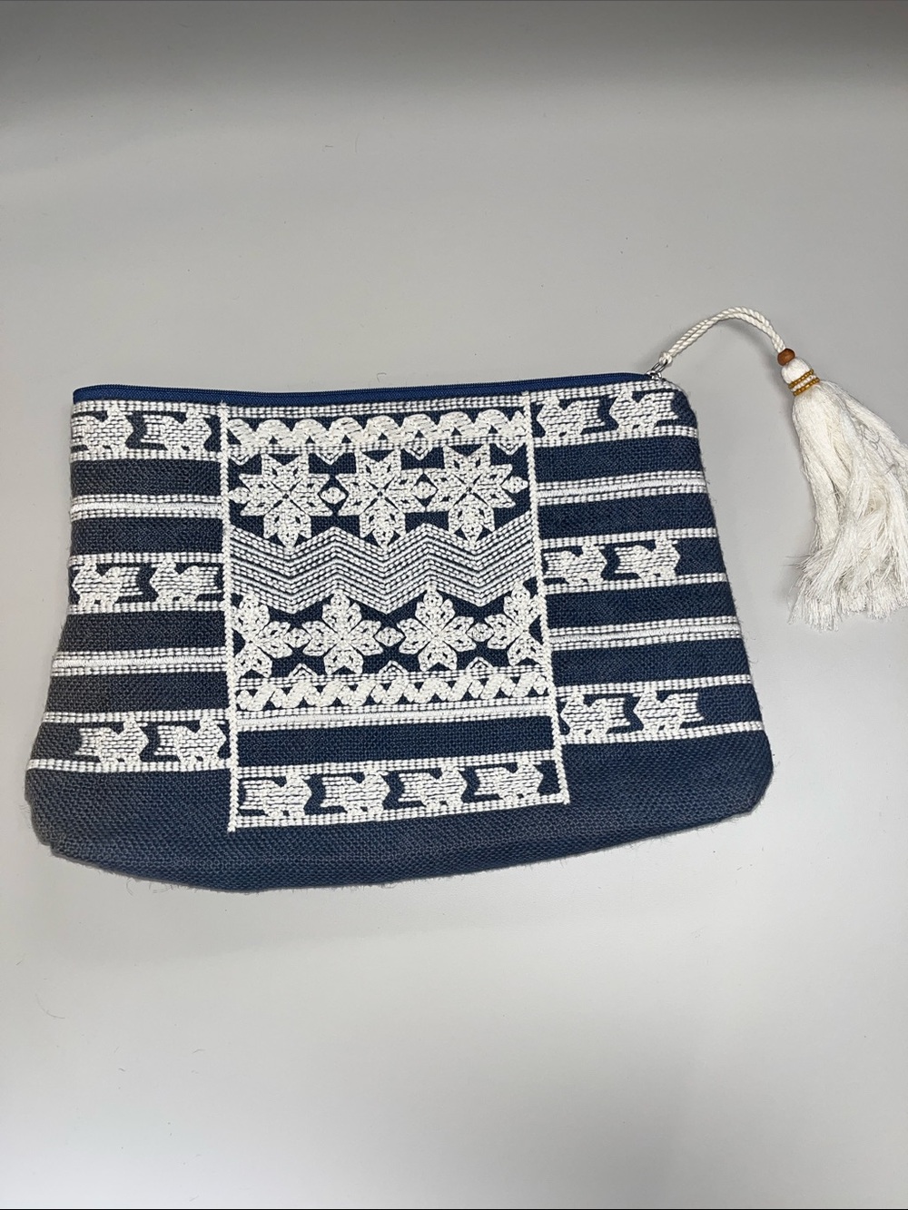 Star Mela Large Navy &  White Jute Embroidered Zip Clutch with Tassel